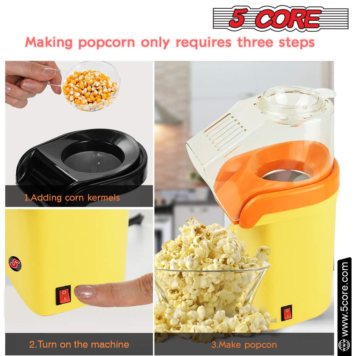 5 Core Popcorn Machine 16 Cup Capacity Hot Air Popper Mini Portable Tabletop Electric Pop Corn Maker Maquina Para Hacer Palomitas De Maiz For Home Movie Party