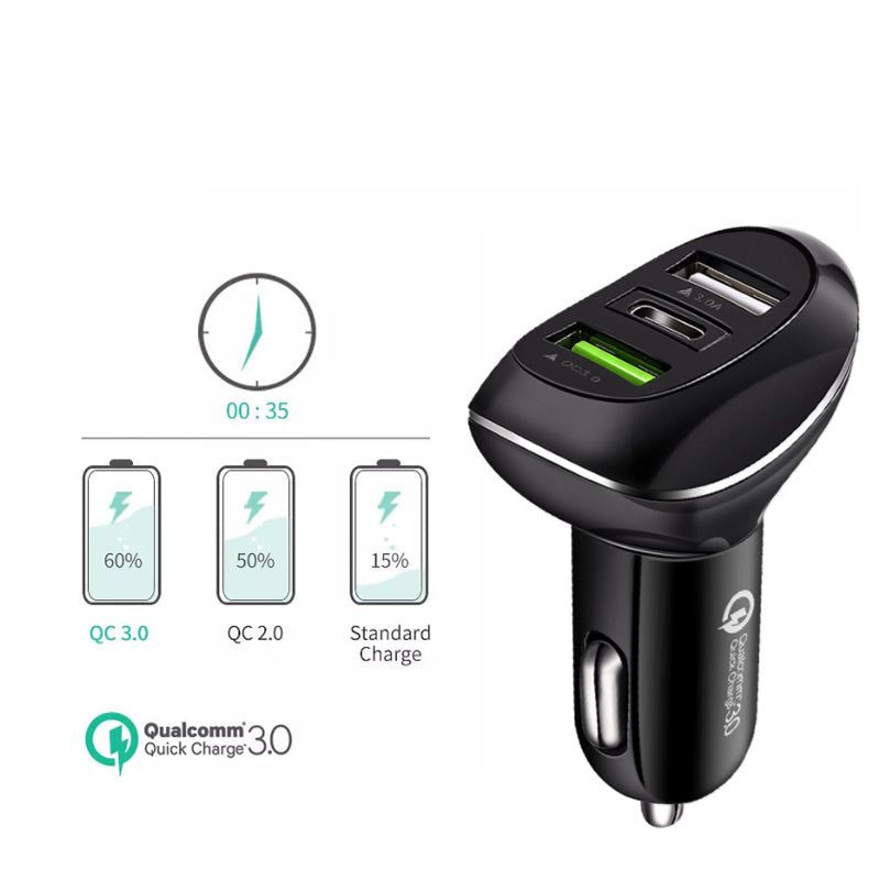 Triple Source Car Charger 2x USB And Type C Ports