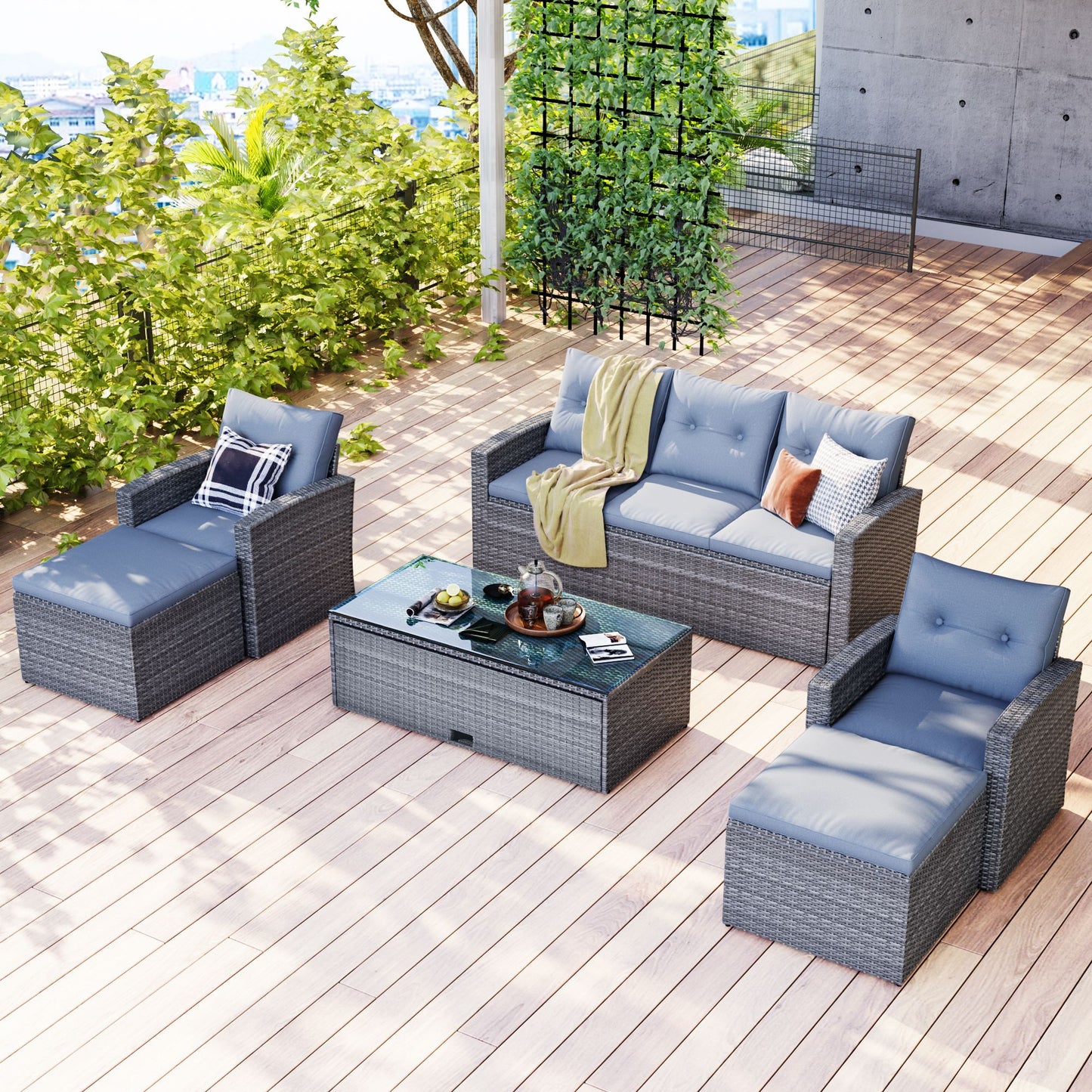 6-piece All-Weather Wicker PE rattan Patio Outdoor Dining Conversation Sectional Set with coffee table, wicker sofas, ottomans, removable cushions (Black wicker, Beige cushion)