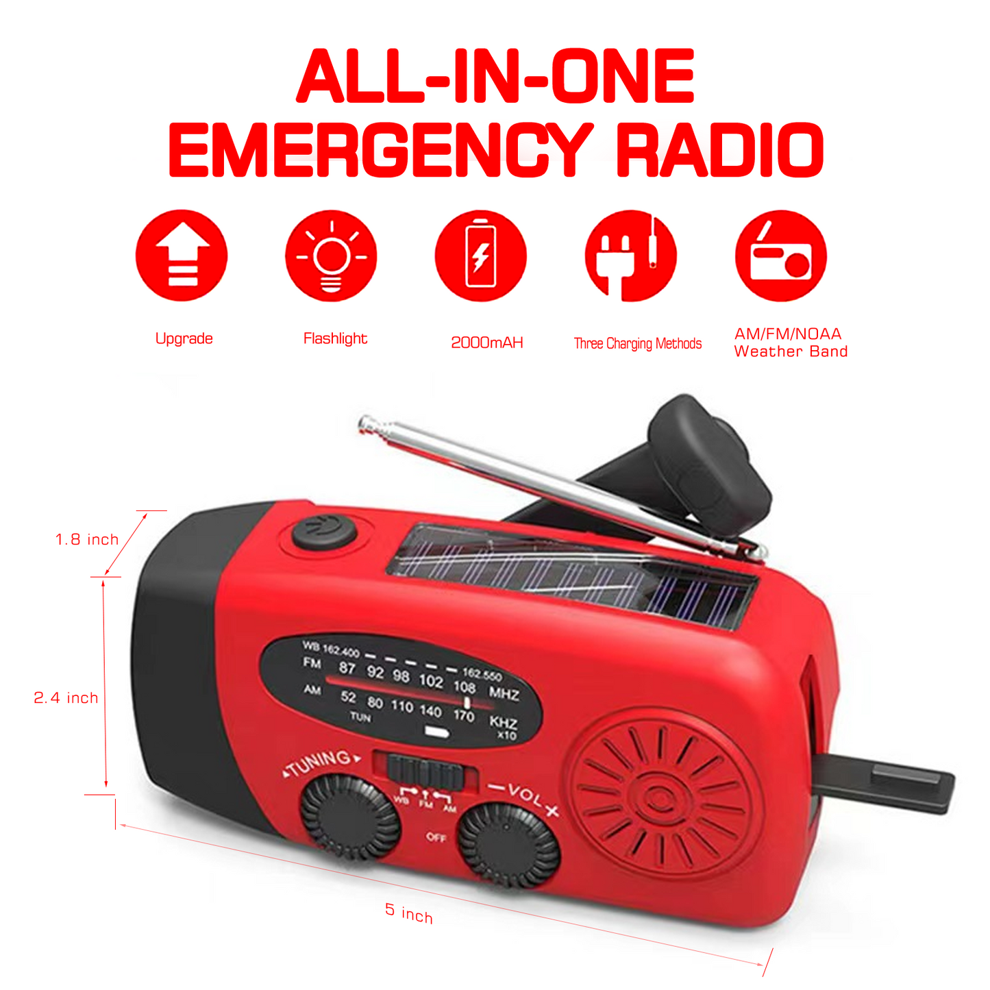 Emergency Hand Crank Radio with LED Flashlight for Emergency, AM/FM NOAA Portable Weather Radio with 2000mAh Power Bank Phone Charger, USB Charged & Solar Power for Camping, Emergency