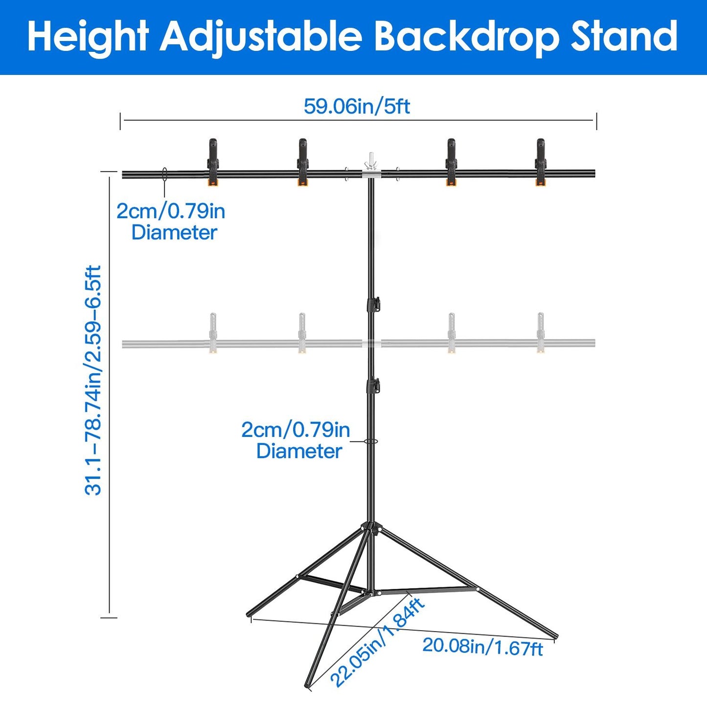 5×6.5FT T-Shape Photo Video Backdrop Stand Heavy Duty Background Stand Adjustable Photography Backdrop Stand with 6 Spring Clamps Sandbag Carry Bag