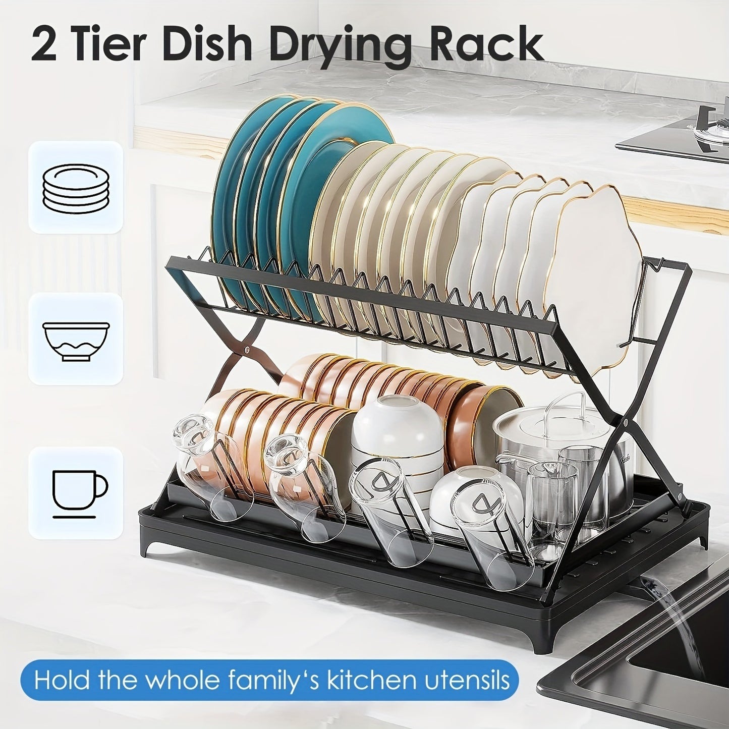 2-layer bowl and dish drying rack with bowl, cup, and basin holder, foldable bowl and dish drain rack, suitable for kitchen countertops, rust proof tableware rack with drain plate, black