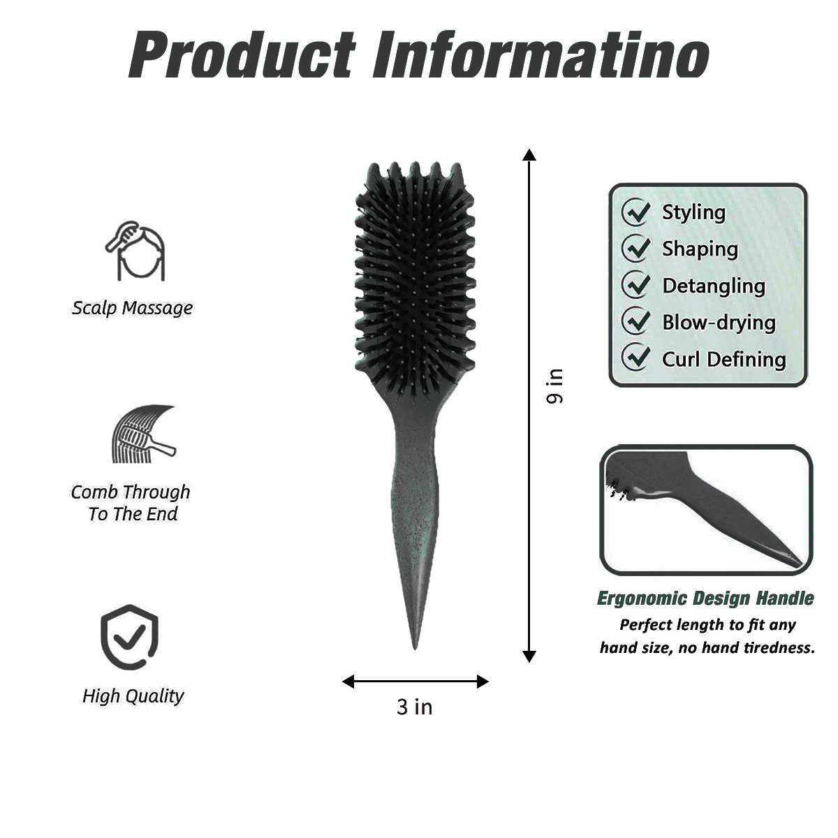 Curl Defining Brush,Boar Bristle Hair Brush Styling Brush for detangling,combing and shaping men and women,curls to reduce pulling and curl separation(Black)