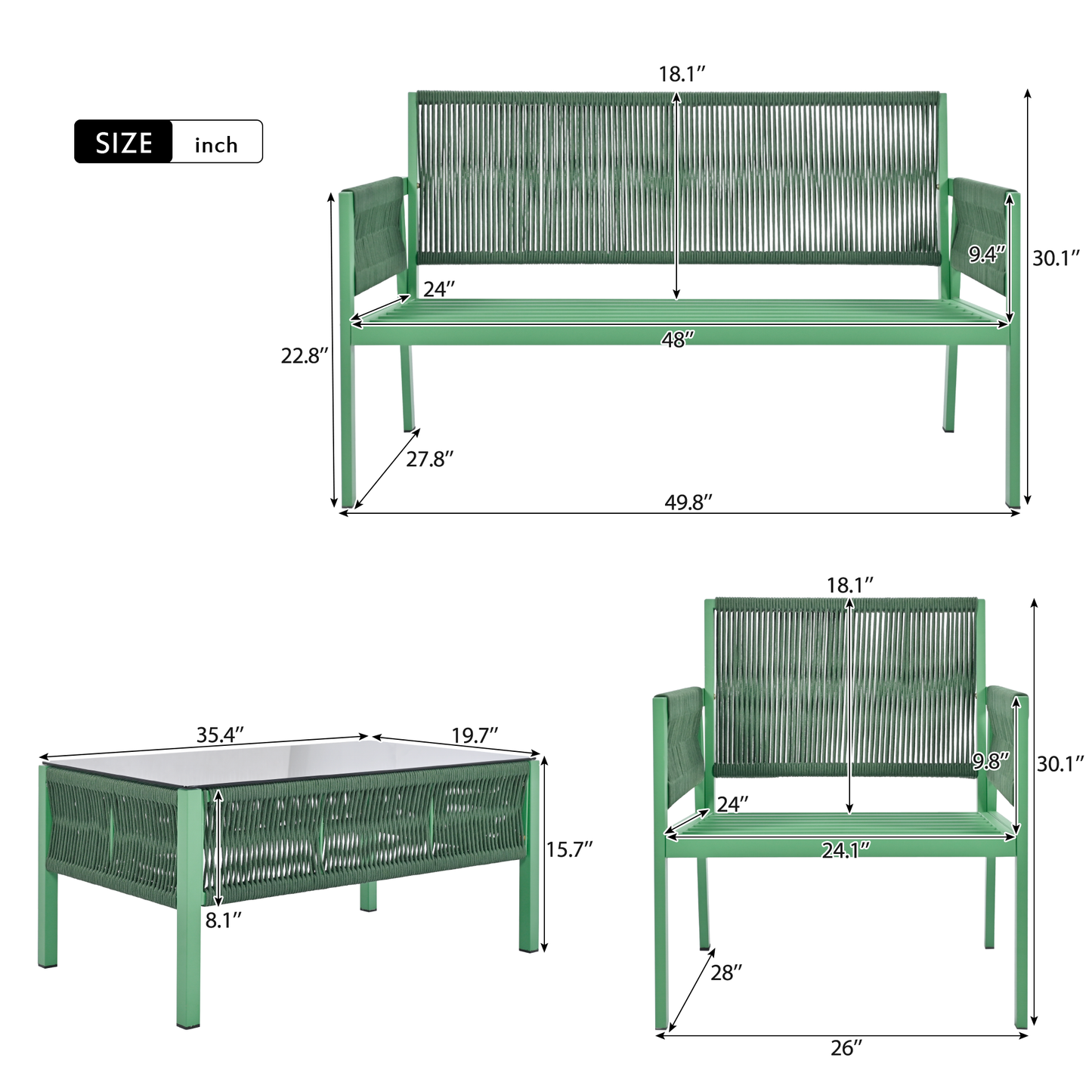 4-Piece Rope Patio Furniture Set, Outdoor Furniture with Tempered Glass Table, Patio Conversation Set Deep Seating with Thick Cushion for Backyard Porch Balcony