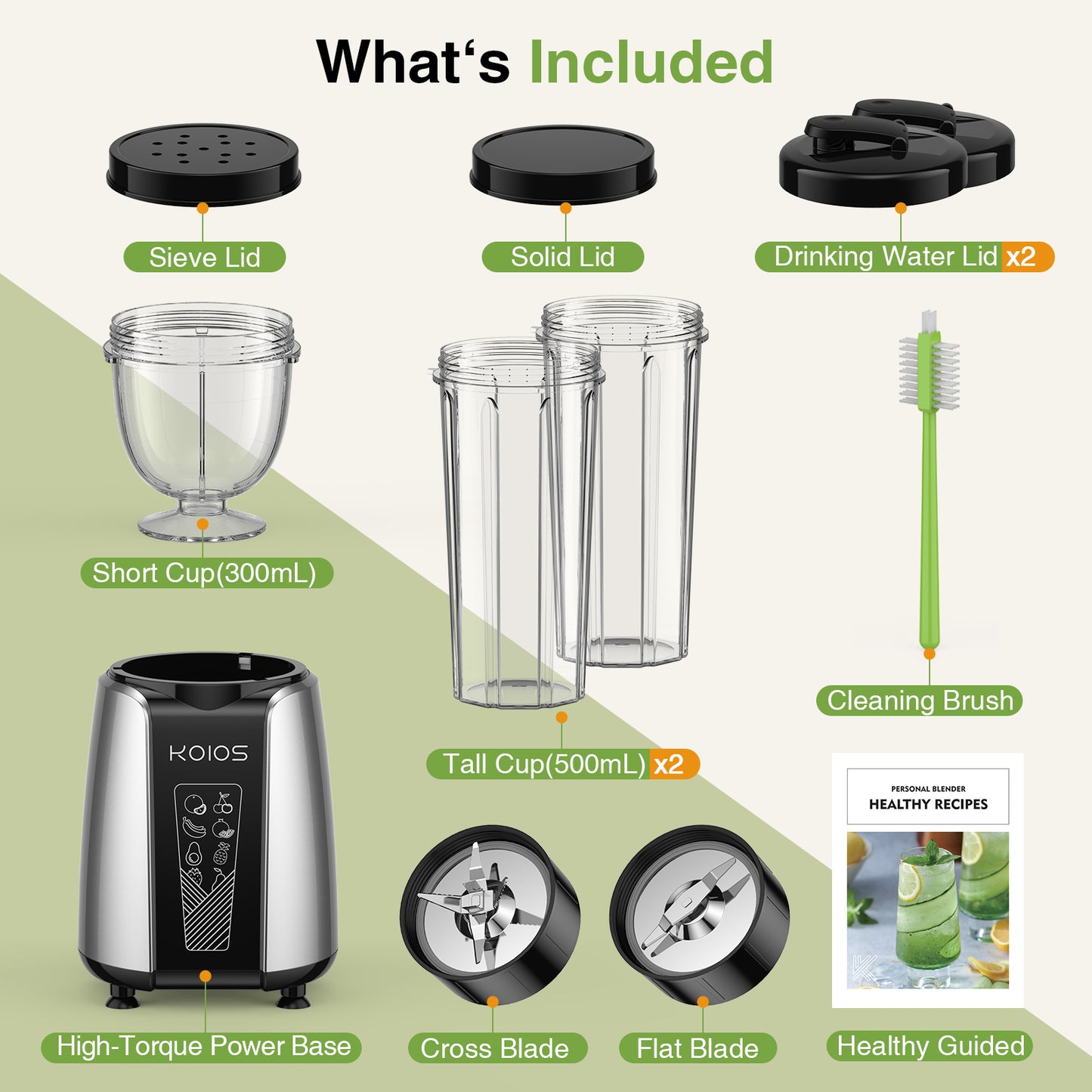 KOIOS Smoothie Blender, Max 1000w Personal Blender for Shakes and Smoothies, 12Pcs Coffee Grinder and Countertop Blenders Combo for Kitchen, Portable Smoothie Blenders with 2x22 oz To-Go Cups, Non-BPA