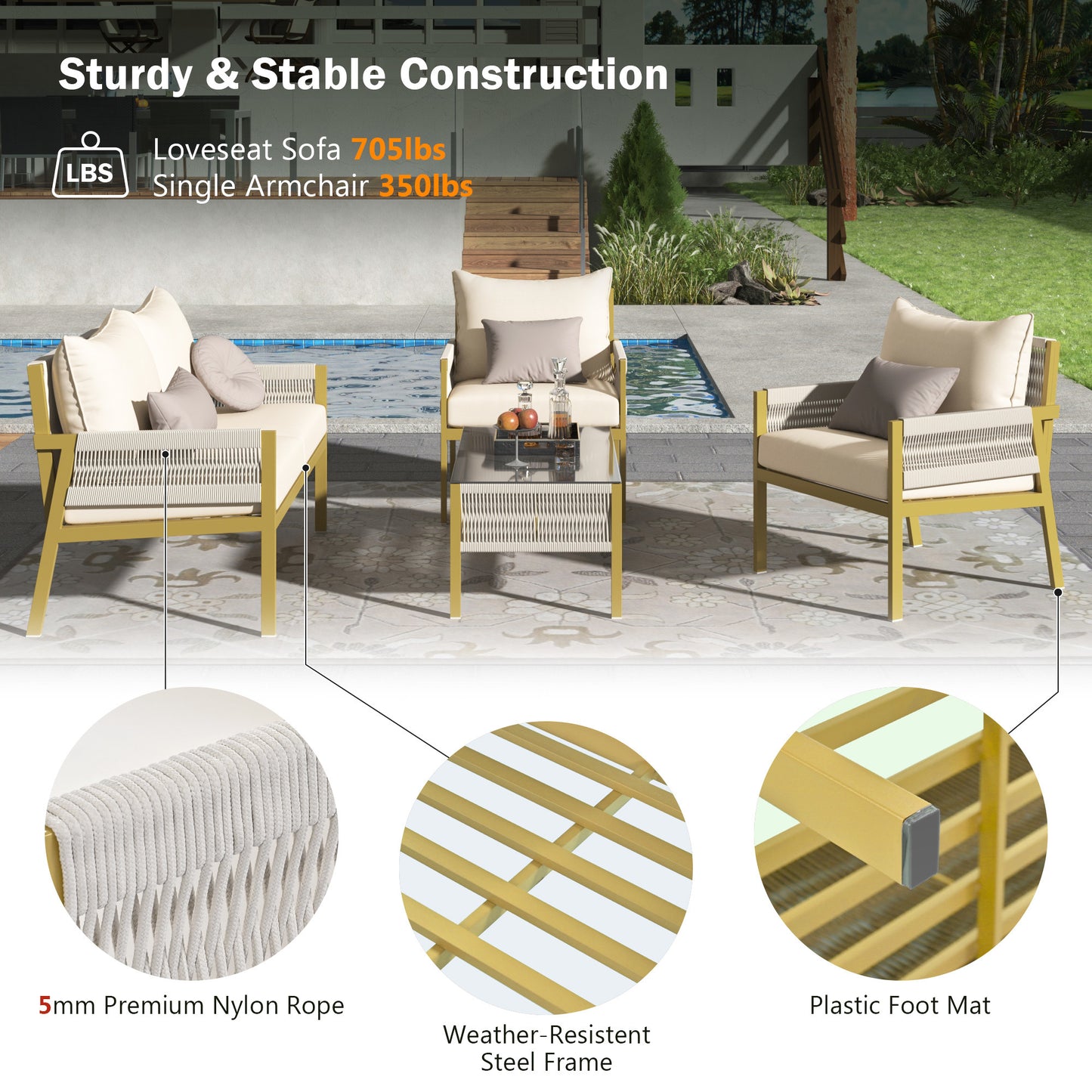 4-Piece Rope Patio Furniture Set, Outdoor Furniture with Tempered Glass Table, Patio Conversation Set Deep Seating with Thick Cushion for Backyard Porch Balcony