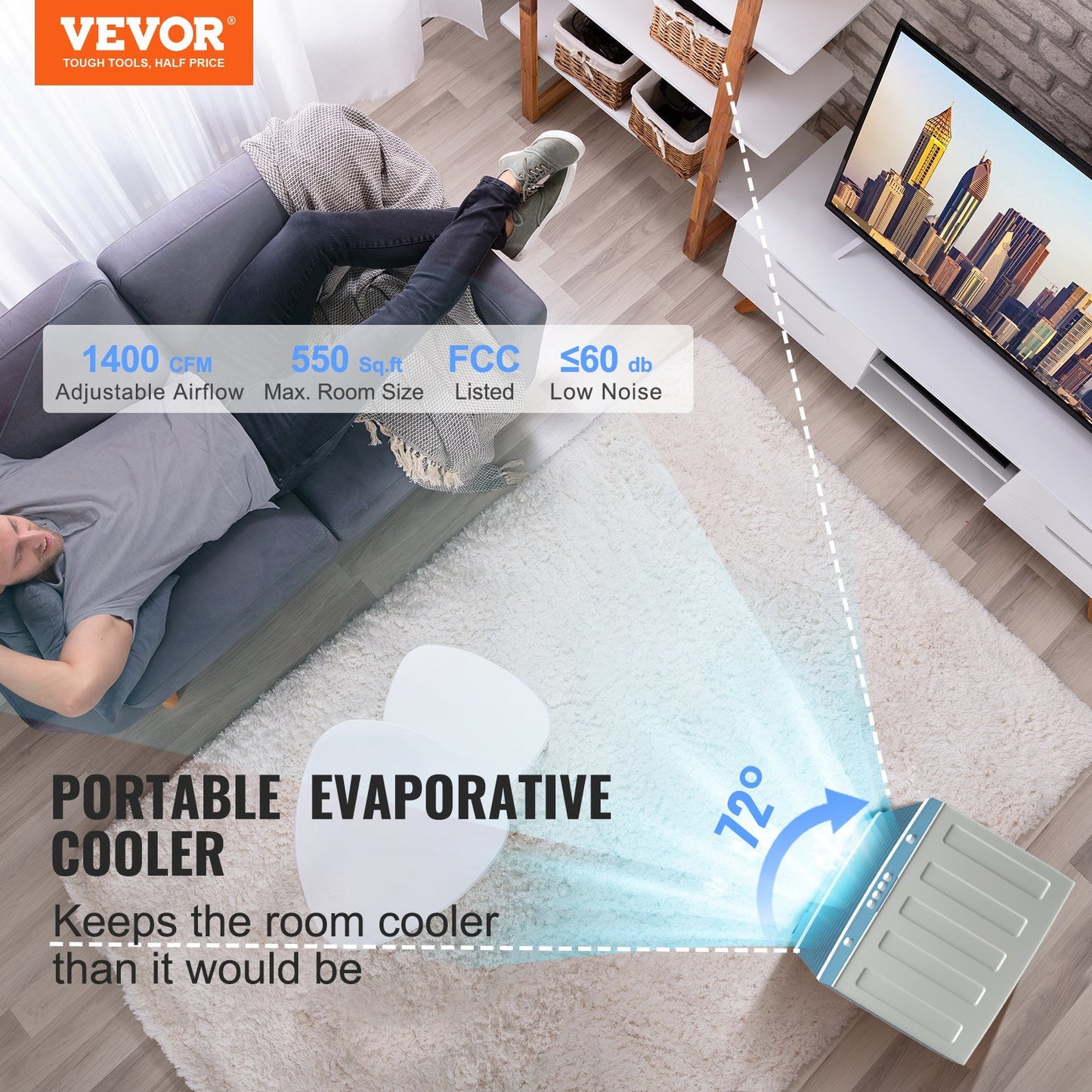 VEVOR Evaporative Air Cooler, Oscillating Swamp Cooler with Adjustable 3 Speeds, Portable Air Cooler for Indoor/Outdoor Use