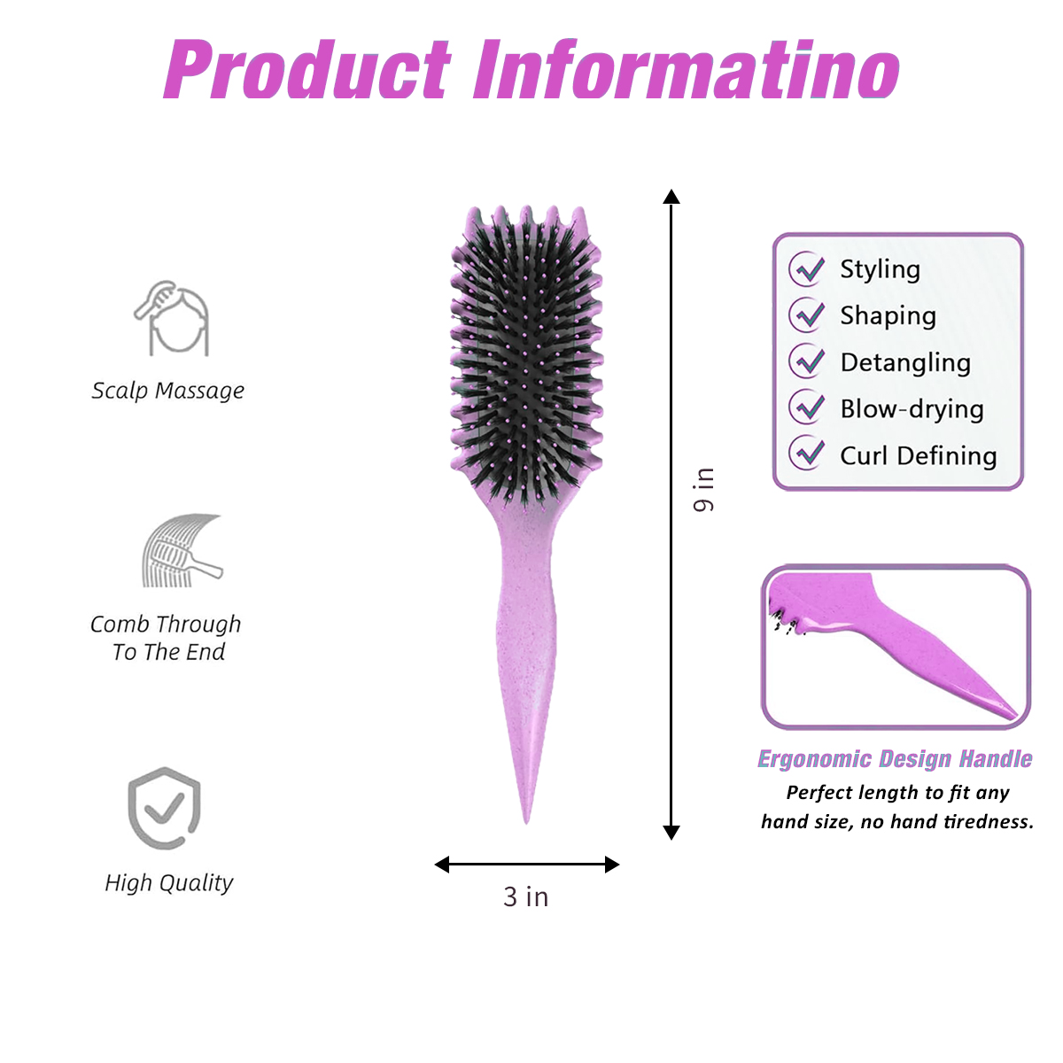 Curl Defining Brush,Boar Bristle Hair Brush Styling Brush for detangling,combing and shaping men and women,curls to reduce pulling and curl separation(Purple)