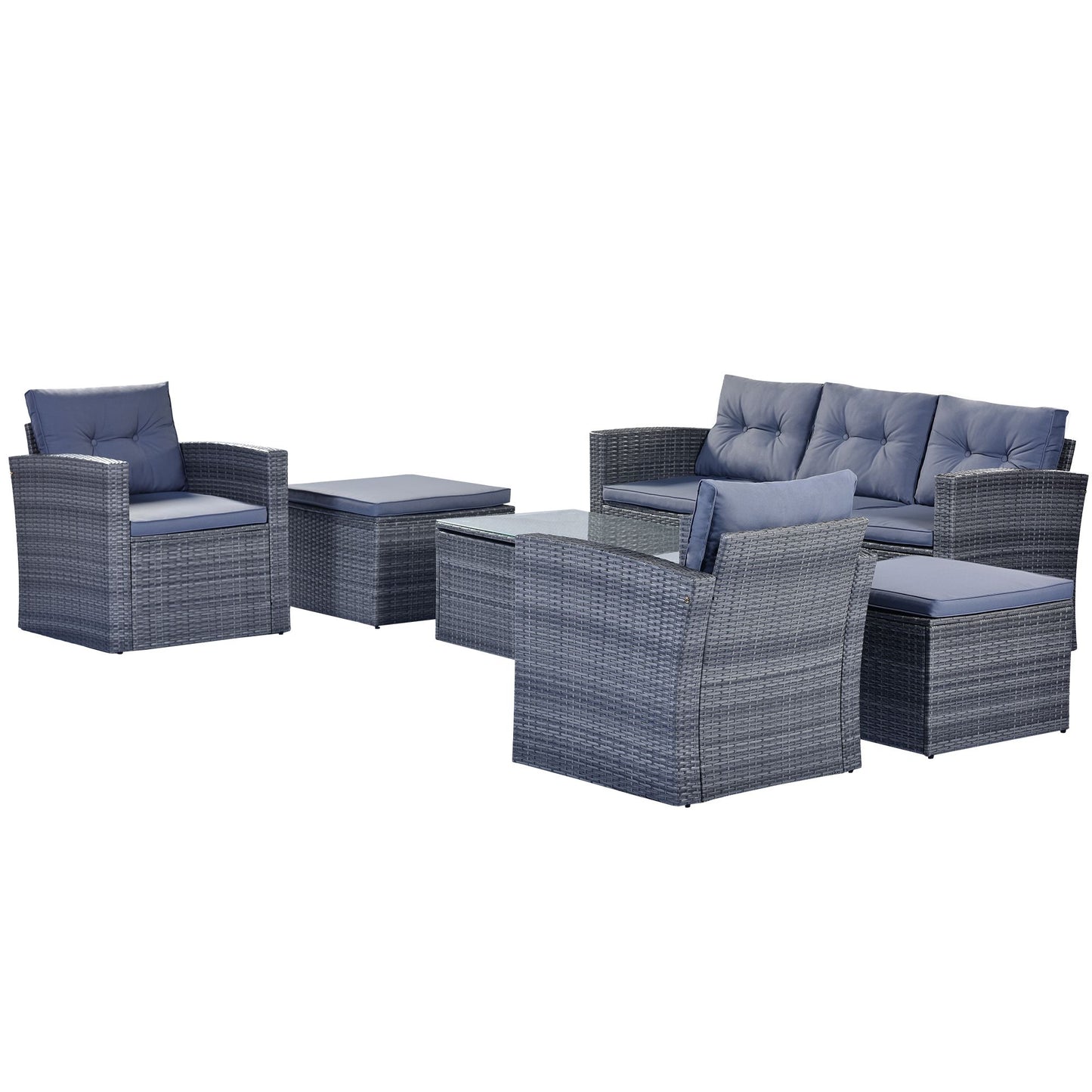 6-piece All-Weather Wicker PE rattan Patio Outdoor Dining Conversation Sectional Set with coffee table, wicker sofas, ottomans, removable cushions (Black wicker, Beige cushion)