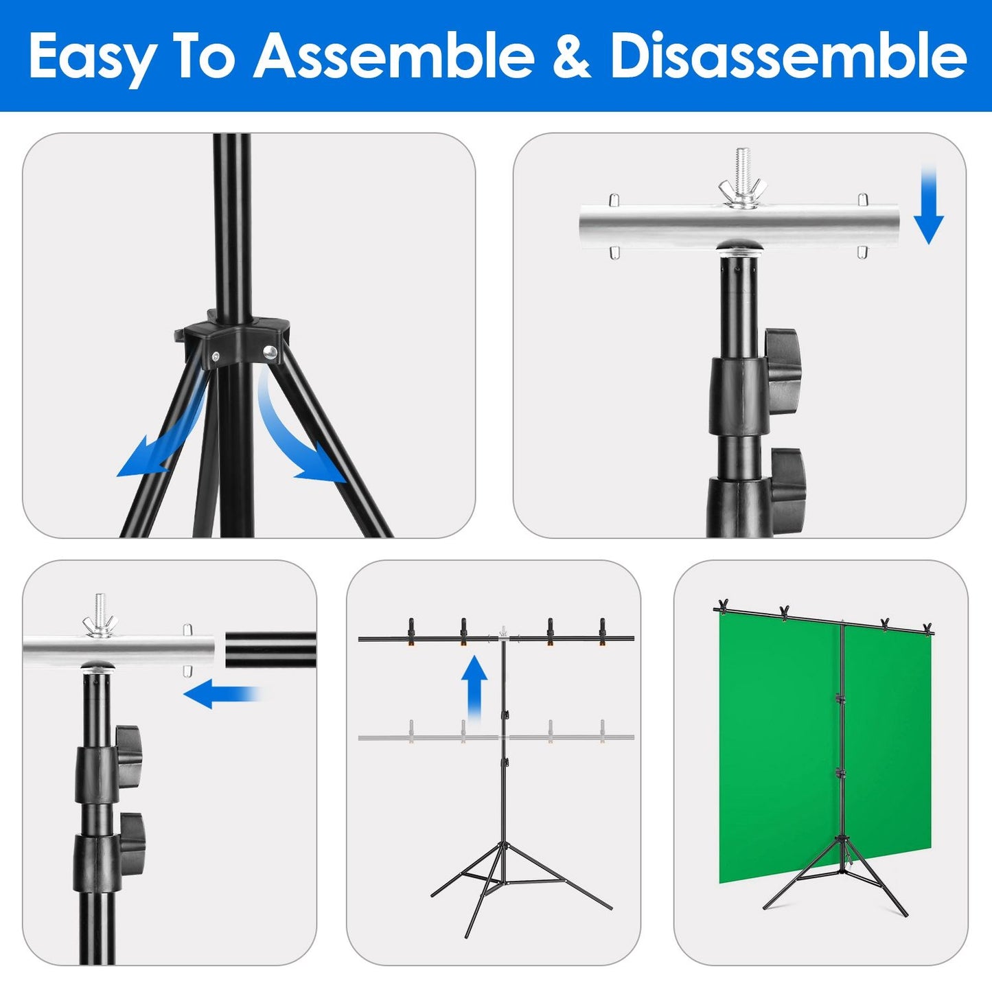 5×6.5FT T-Shape Photo Video Backdrop Stand Heavy Duty Background Stand Adjustable Photography Backdrop Stand with 6 Spring Clamps Sandbag Carry Bag