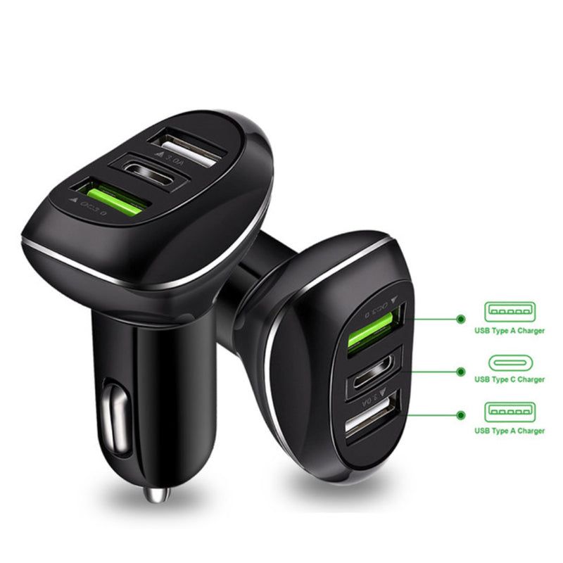 Triple Source Car Charger 2x USB And Type C Ports