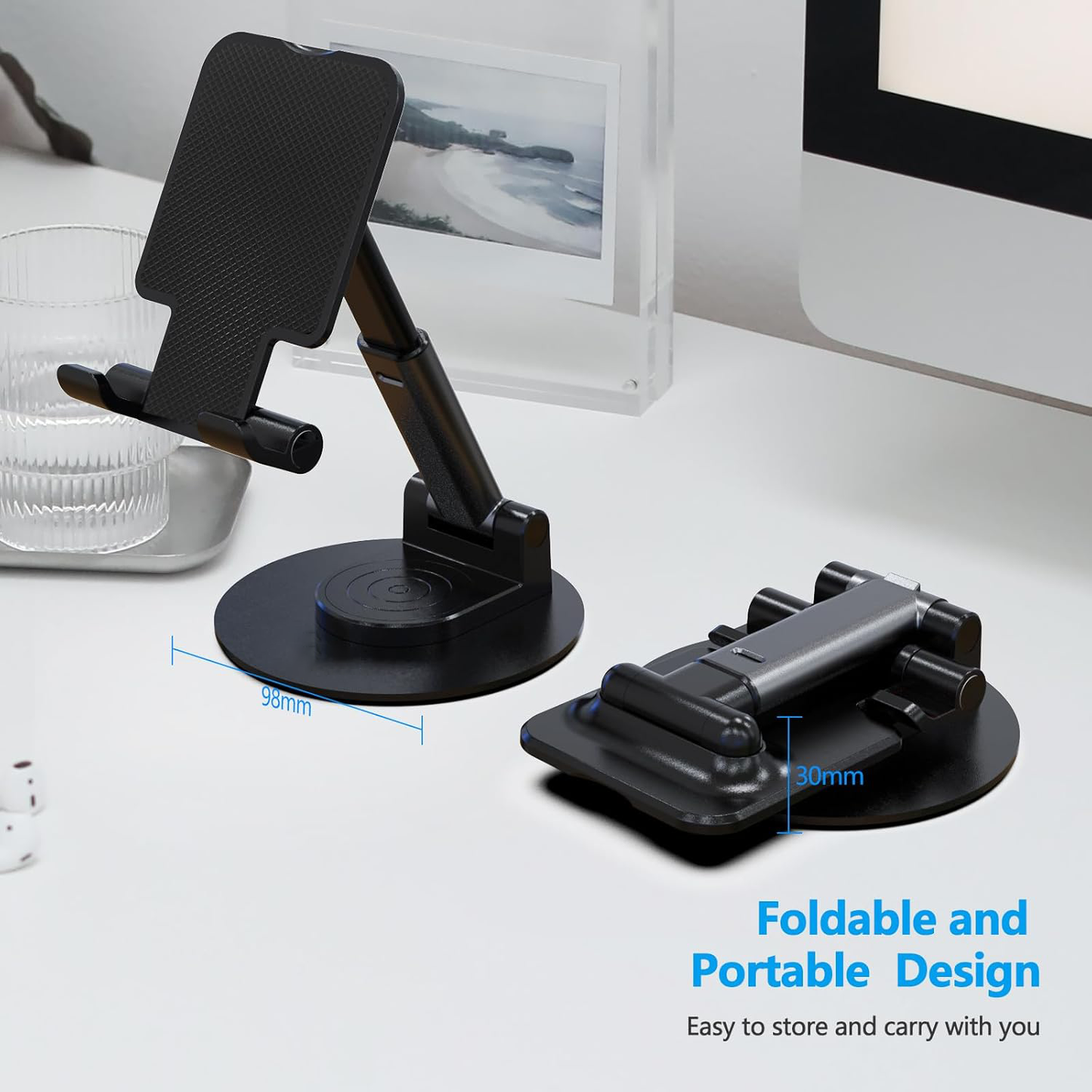 360°Rotating Cell Phone Holder for Desk, Fully Foldable Phone Stand,Angle & Height Adjustable DeskPhone Stand, for Office & Kitchen, Fits All Smart Phones, iPhone, Switch,Tablet