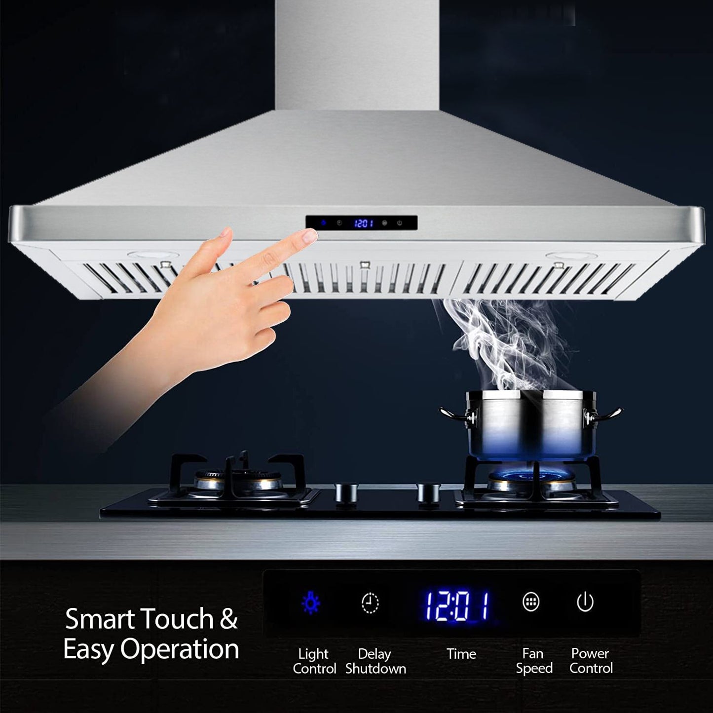 30/36 inch Range Hood 700CFM Wall Mount Stainless Steel Touch Control 3-speed Stove Vent