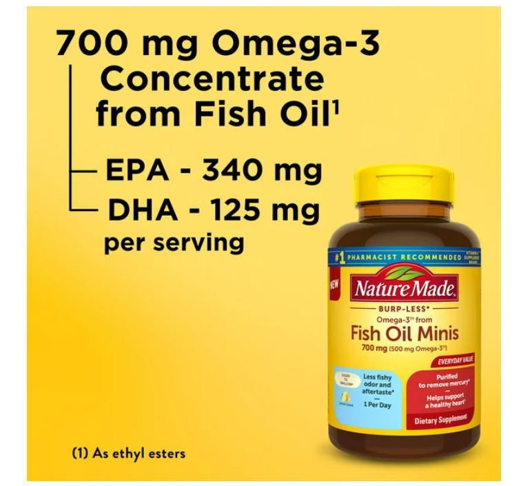 Nature Made Burp Less Omega 3 Fish Oil Supplements 700 mg Minis Softgels, 120 Count
