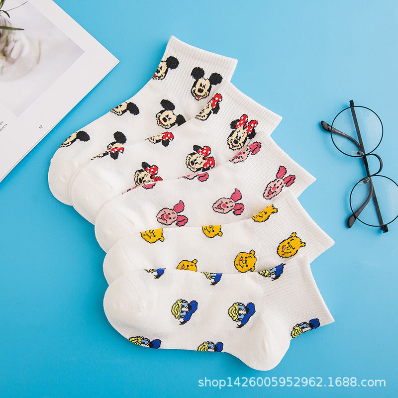 Cute Disney Women's Socks Anime Donald Duck Winnie The Pooh Mickey Mouse Kawaii Cartoon Mid Tube Girls Funny Casual Socks
