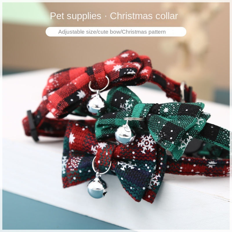 2pcs Christmas Snowflake Checker Bowknot Bell Cat Collar Safety Buckle Removable Pet Collar ; dog Christmas Bell collar