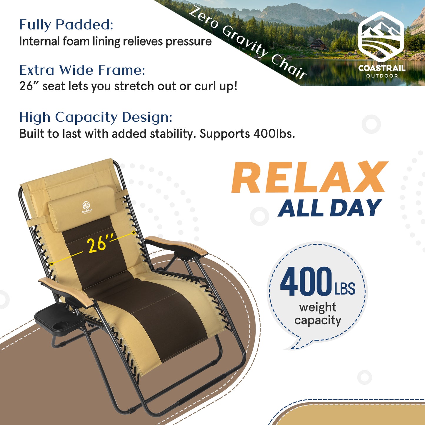 Outdoor Zero Gravity Chair Oversized XXL 33.5" Patio Padded Reclining Lounger with Pillow;  Side Table for Camping;  Lawn;  Garden Khaki/1pack