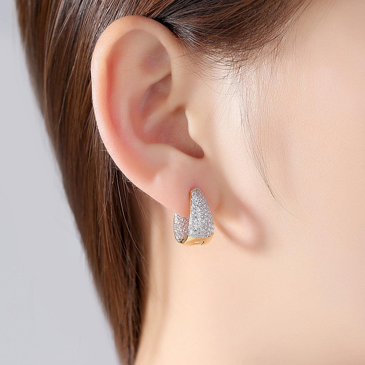 Women's Diamond Curved Earrings, Bling Elegant Luxurious Round Diamond Earrings, Statement Sparkling Earrings