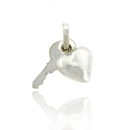 Valentines Day Love Small Sterling Silver .925 Puffed Heart & Key Dangle Charm