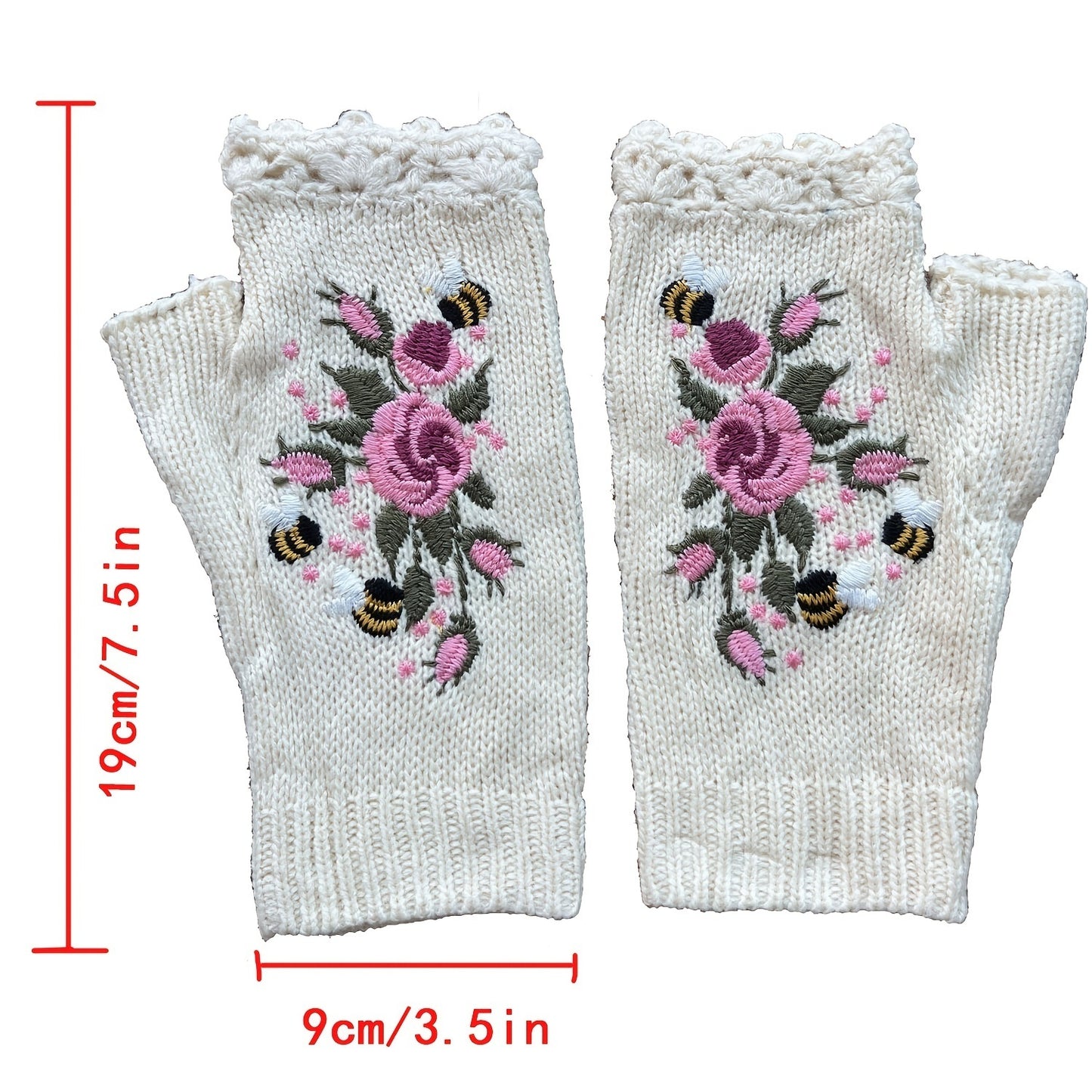 Flower Hand Knit Fingerless Gloves for Women - Handmade Embroidered Adult Knit Gloves