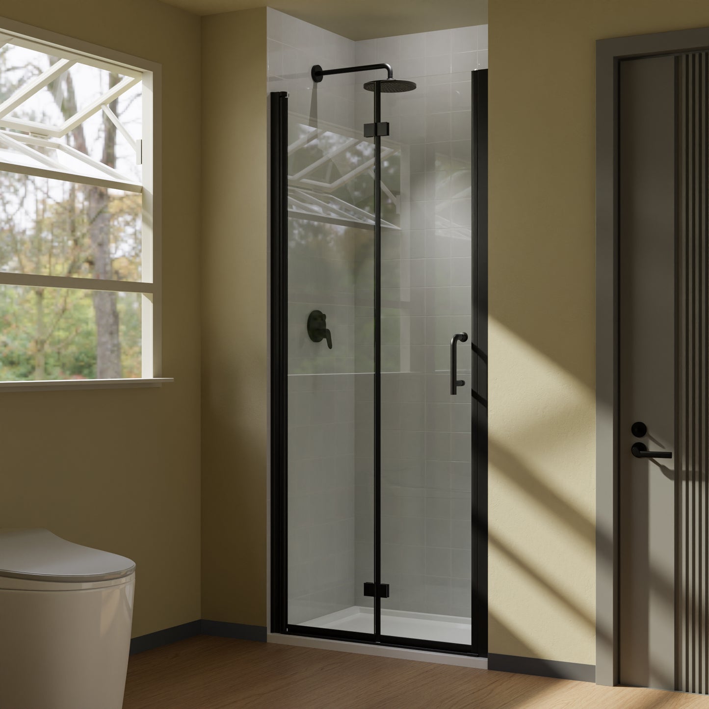 32" x 72" Pivot Glass Shower Door with Tempered Glass Swing Bathroom Shower Doors with Stainless Handle Frameless Hinged Shower Panel Matte Black