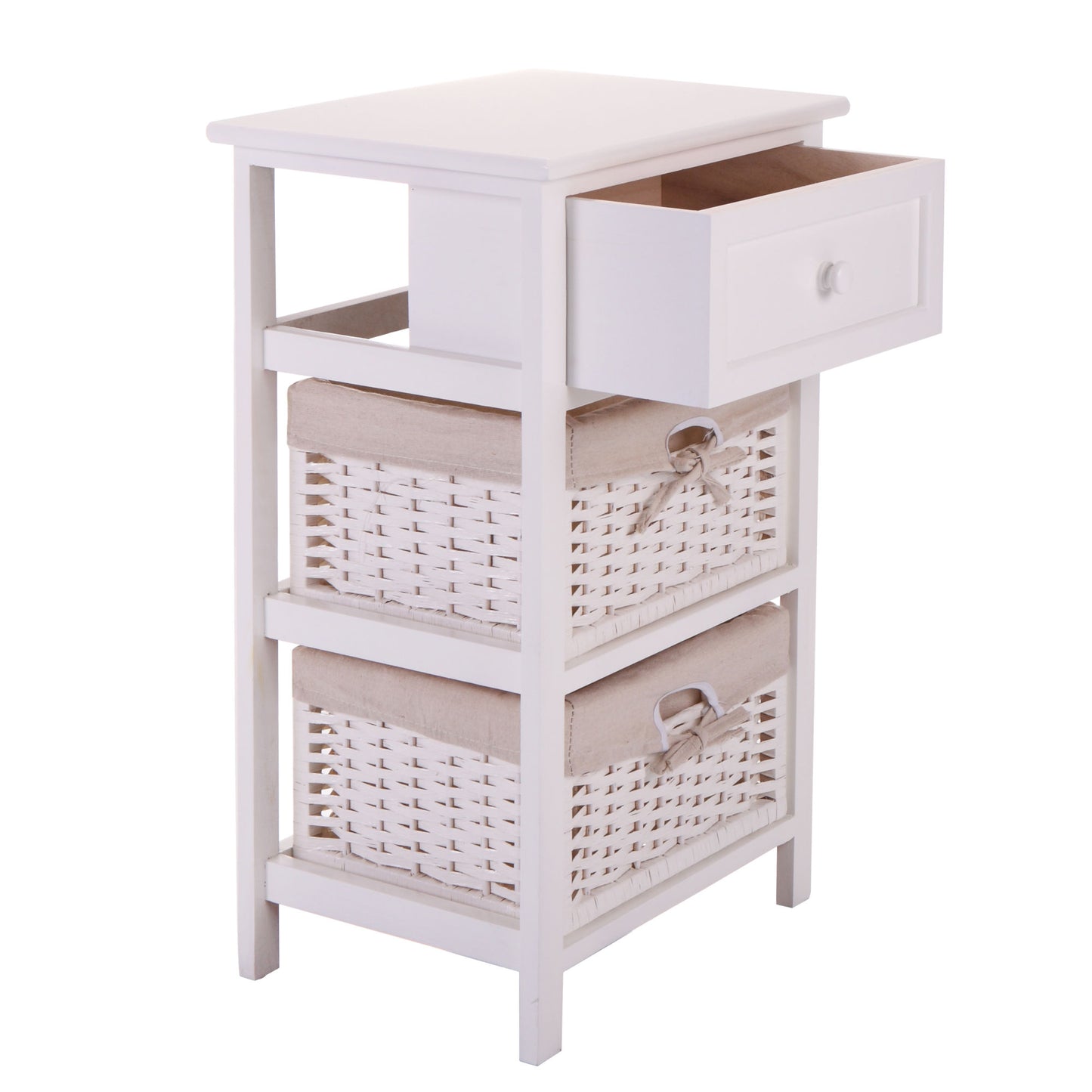 One Drawer Nightstand with Two Removable Baskets, Storage Bedside Table, Modern End Table with Tall Legs, Indoors, White