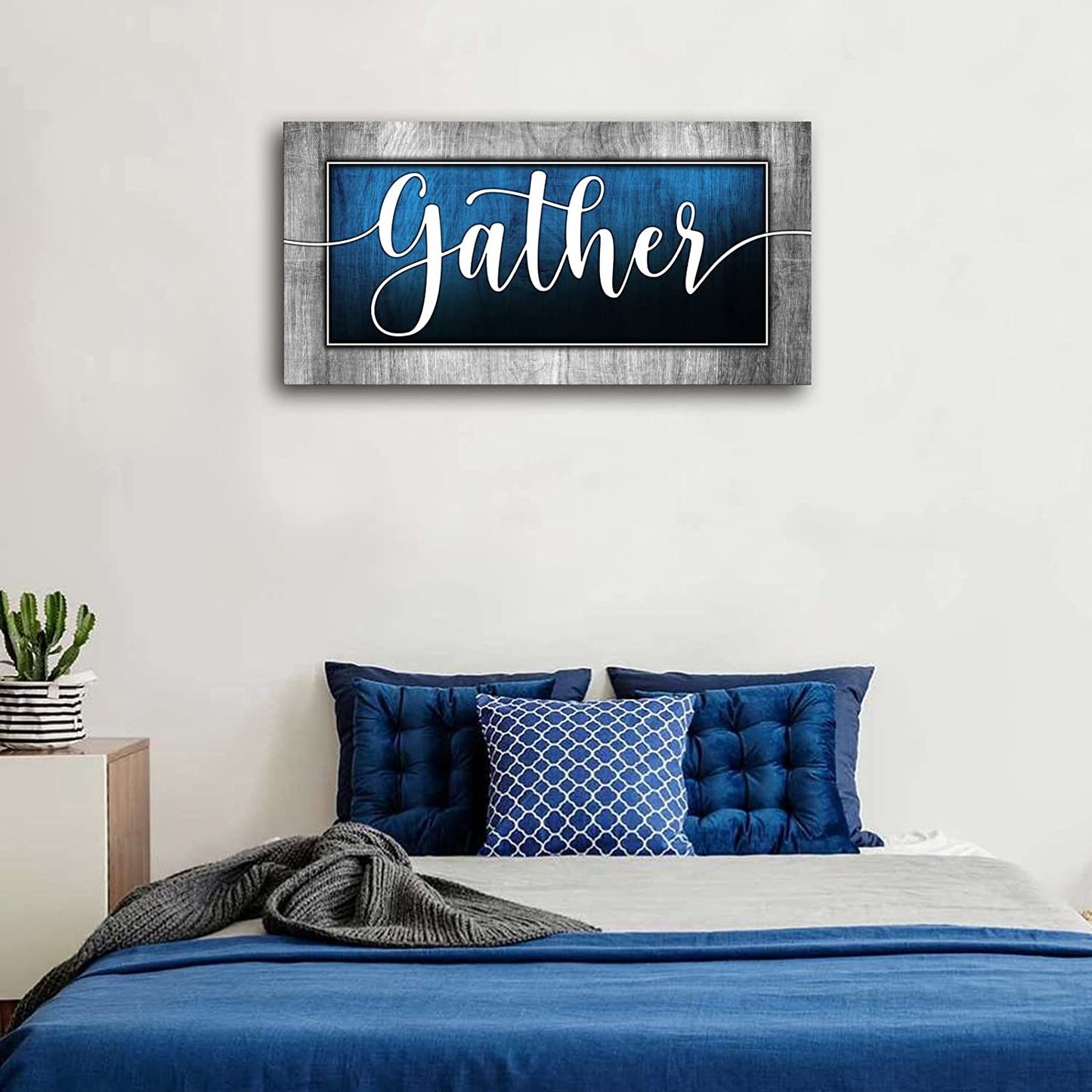 Wall Art for Living Room|Gather Signs for Home Decor|Gather Wall Decor|Blue Canvas Print Poster Painting Picture Artwork|Dining Room Wall Decor|Ready to Hang 20"X40"