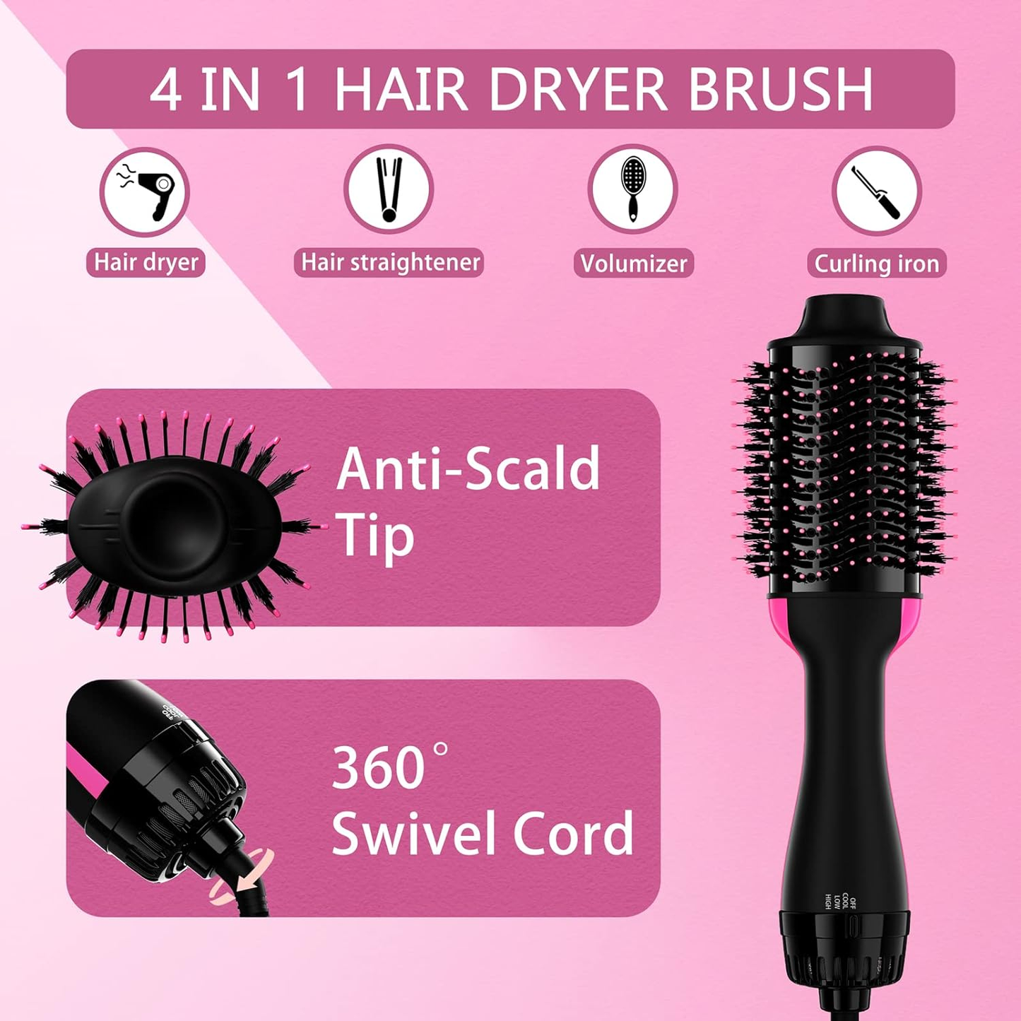 Hair Dryer Brush Blow Dryer Brush in One, 4 in 1 Styling Tools Blow Dryer with Ceramic Oval Barrel, Hair Dryer and Styler Volumizer, Hot Air Brush Hair Straightener Brush for All Hair Types