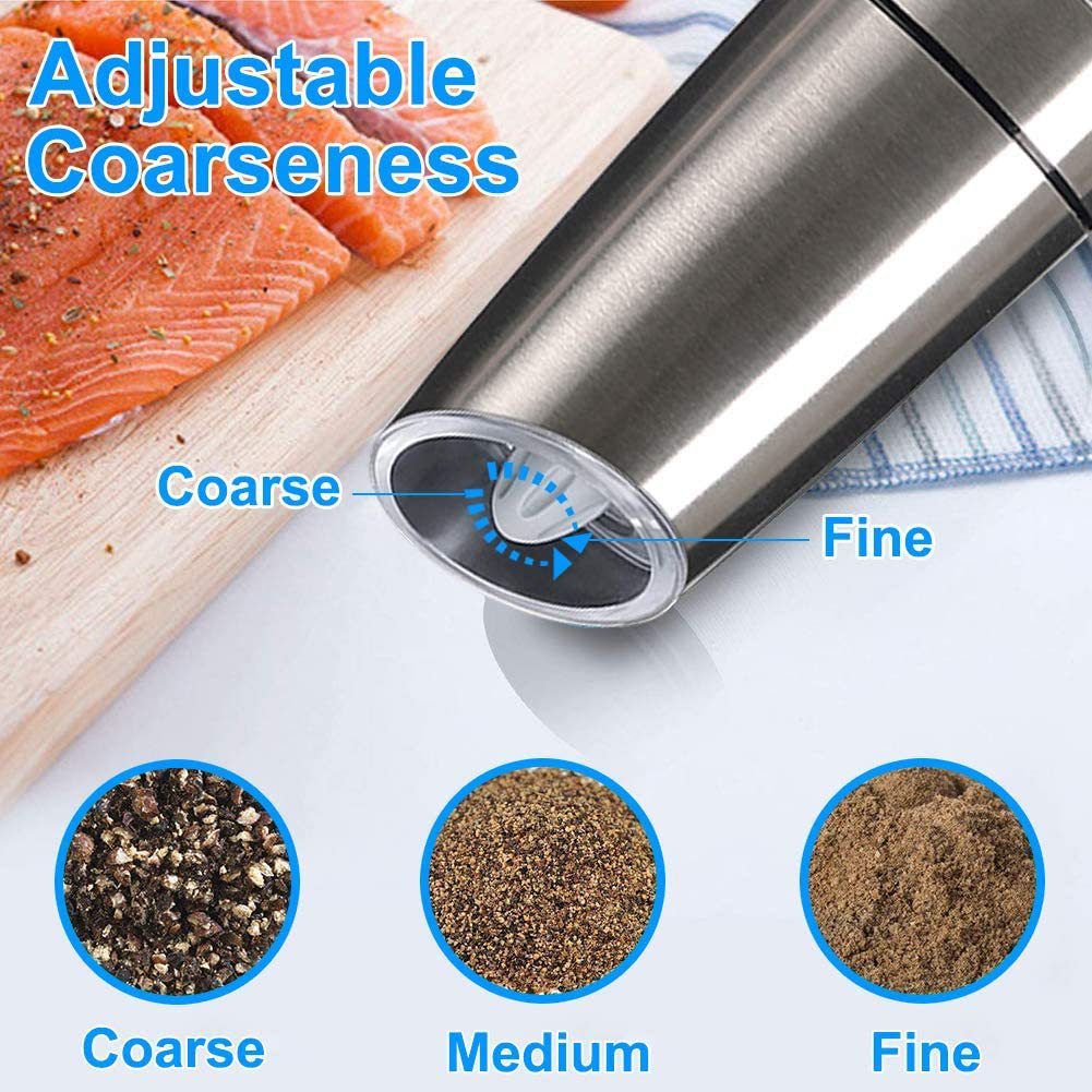 Gravity Electric Pepper and Salt Grinder Set; Adjustable Coarseness; Battery Powered with LED Light; One Hand Automatic Operation; Stainless Steel Black;  2 Pack