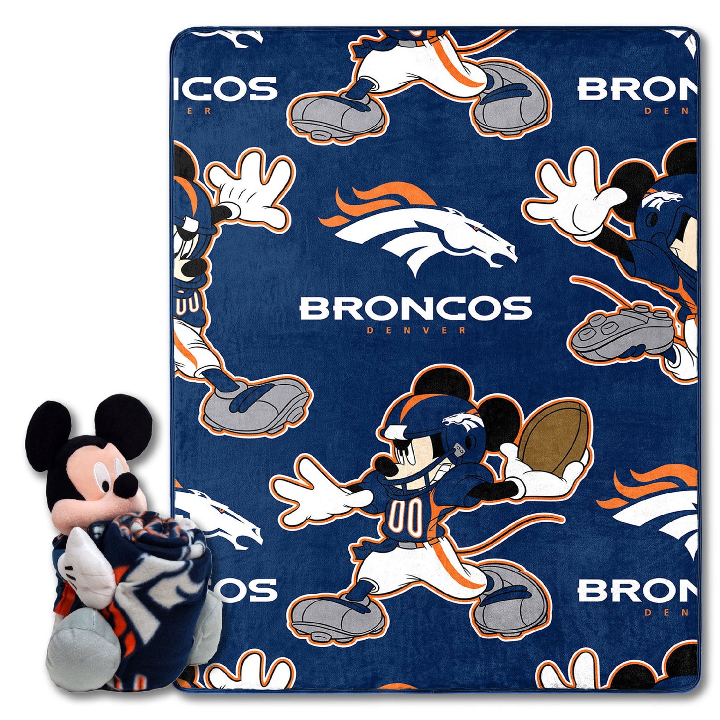 Broncos OFFICIAL NFL & Disney's Mickey Mouse Character Hugger Pillow & Silk Touch Throw Set;  40" x 50"