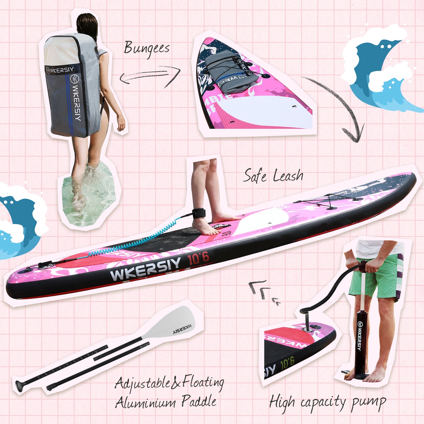 inflatable paddle board 10'6 including isup paddle, paddleboard backpack, pump, leash
