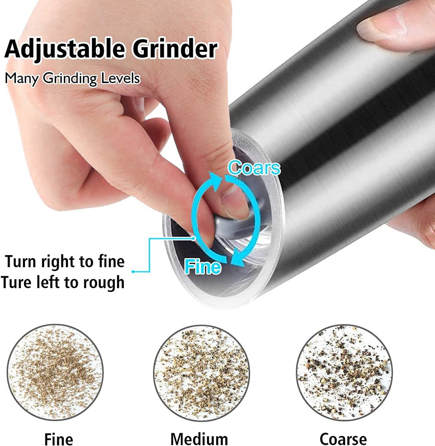 Gravity Electric Pepper and Salt Grinder Set; Adjustable Coarseness; Battery Powered with LED Light; One Hand Automatic Operation; Stainless Steel Black;  2 Pack