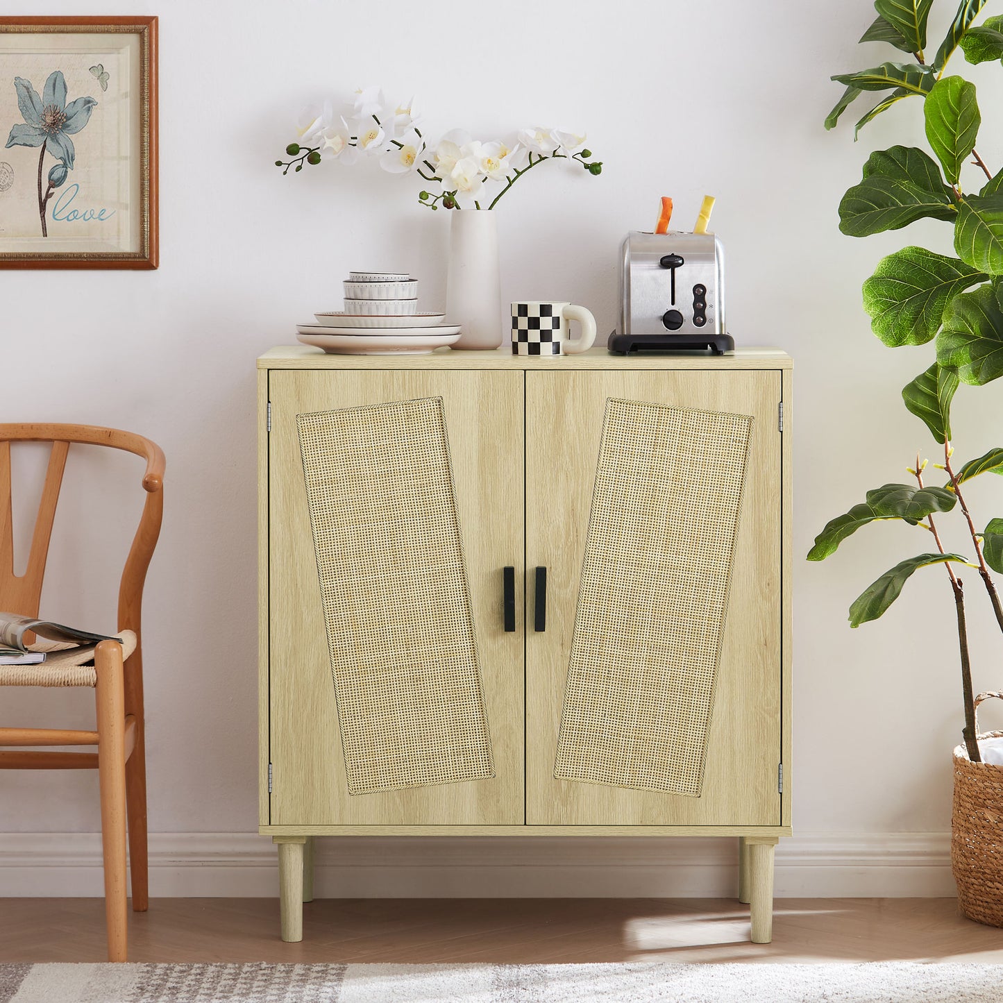 Kitchen storage cabinets with rattan decorative doors; buffets; wine cabinets; dining rooms; hallways; cabinet console tables; (Natural; 31.5''LX 15.8''WX 34.6"H).