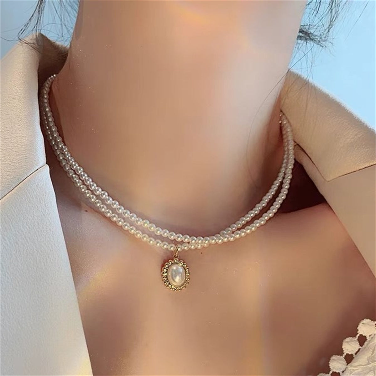 Women's Simulated Pearl Chokers Double Layer Pearl Necklace Bridal Choker Necklace for Wedding Party Jewelry