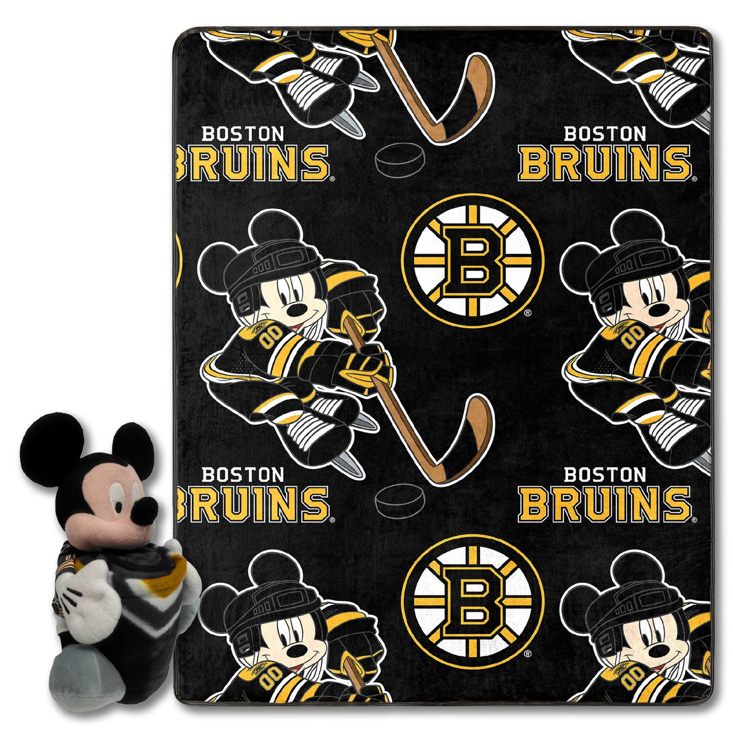 Bruins OFFICIAL NHL & Disney's Mickey Mouse Character Hugger Pillow & Silk Touch Throw Set;  40" x 50"