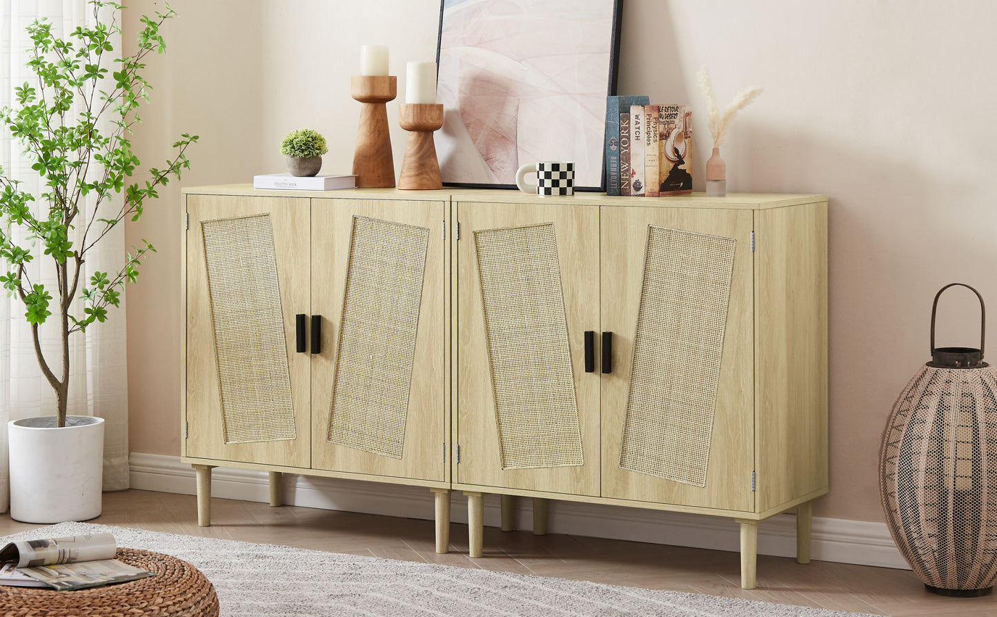 Kitchen storage cabinets with rattan decorative doors; buffets; wine cabinets; dining rooms; hallways; cabinet console tables; (Natural; 31.5''LX 15.8''WX 34.6"H).