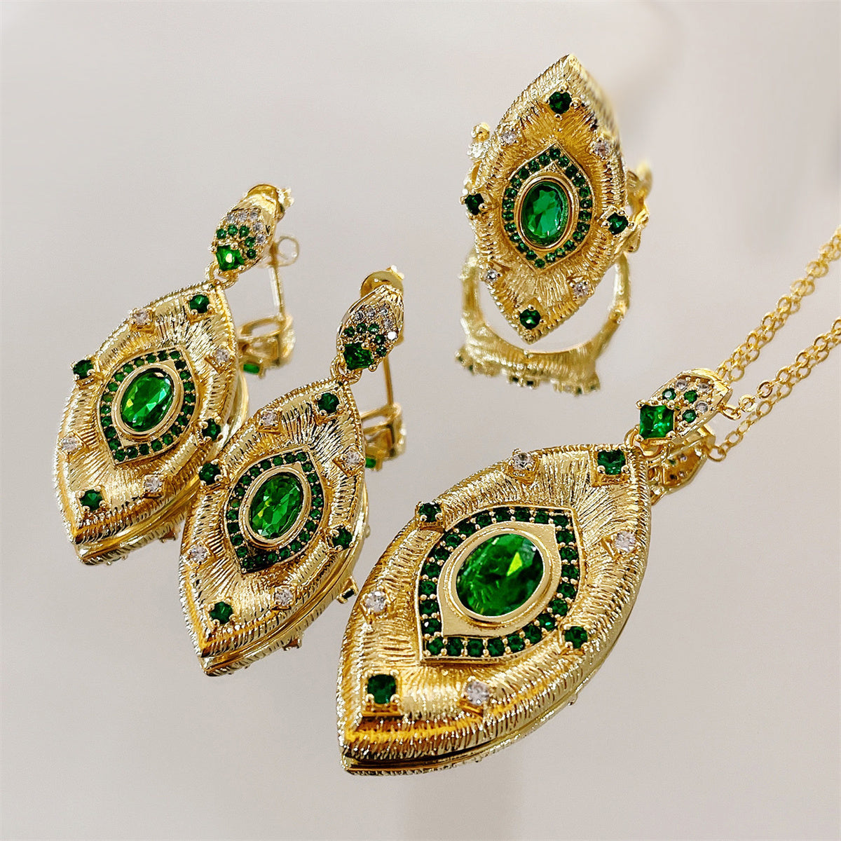 Italian Devil's Eye Necklace Jewelry Set Simulation Emerald Earrings Open Ring
