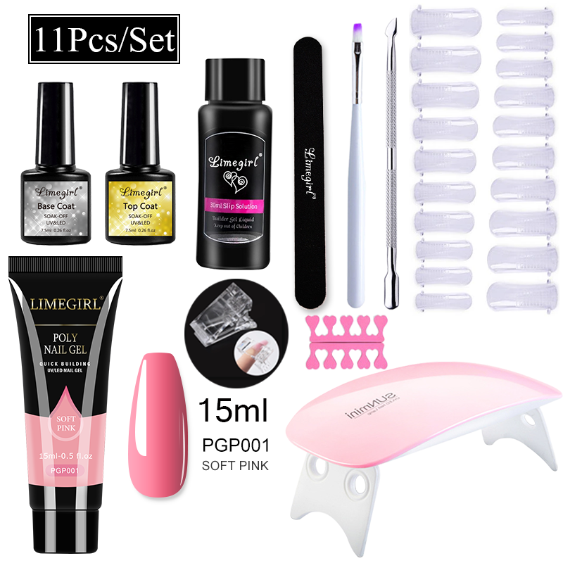 Limegirl Poly Nail Gel Set Manicure Set Gel Cuticle Pusher Finger Extend Mold Nail Kit All For Quick Extension Manicure Set With Nail Uv Lamp Top Coat And Base Coat