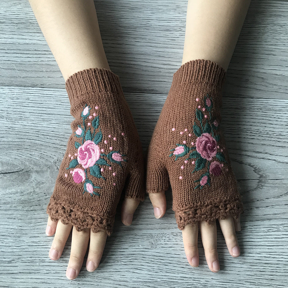 Flower Hand Knit Fingerless Gloves for Women - Handmade Embroidered Adult Knit Gloves