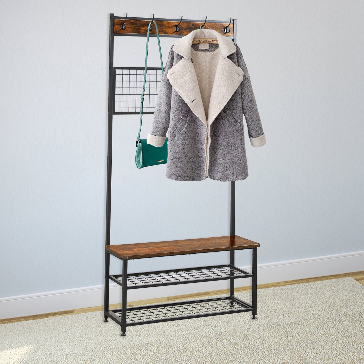 (Clearance) Coat Rack Shoe Bench;  Storage Bench;  Wood Look Furniture with Metal Frame;  3-in-1 Design