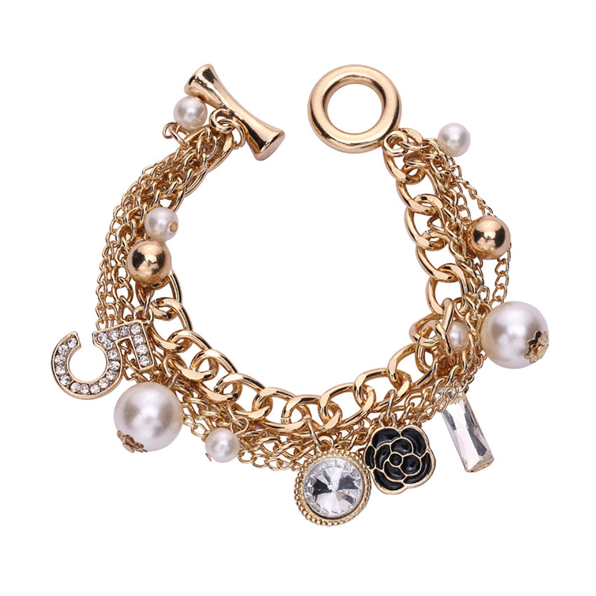 Golden Multi-Layer Chain Bracelets for Womens Beading Hand Chain Tennis Bracelet with pearls and a flower Pendant Ladies Jewelry