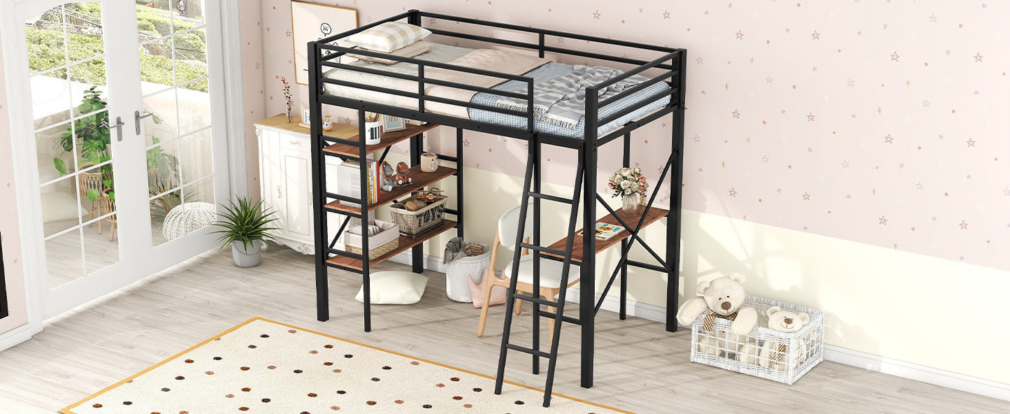 Twin Size Metal Loft Bed with Shelves and Desk