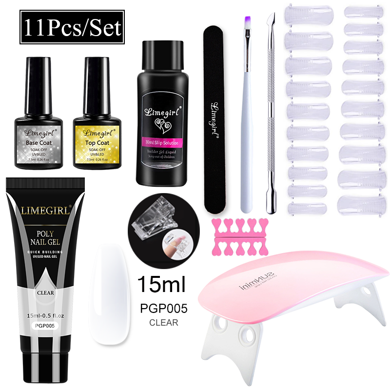 Limegirl Poly Nail Gel Set Manicure Set Gel Cuticle Pusher Finger Extend Mold Nail Kit All For Quick Extension Manicure Set With Nail Uv Lamp Top Coat And Base Coat