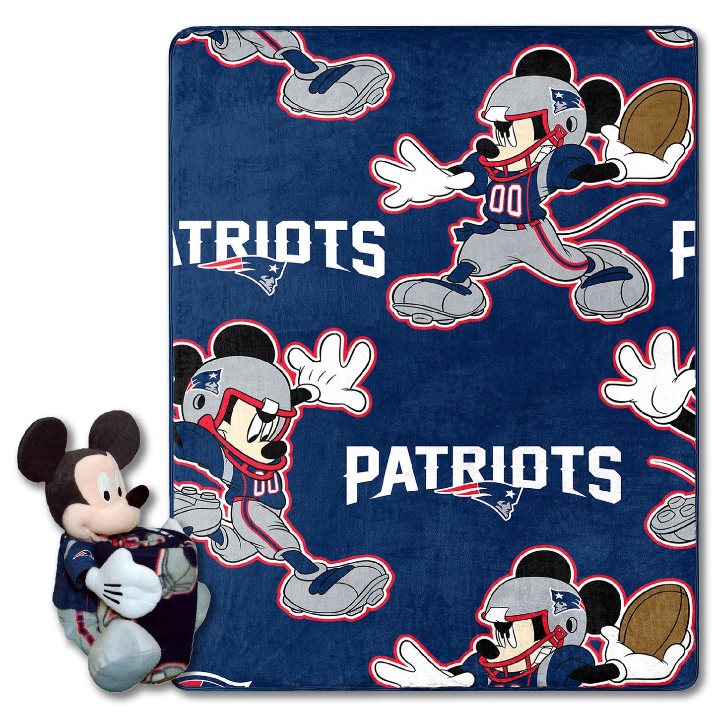 Patriots OFFICIAL NFL & Disney's Mickey Mouse Character Hugger Pillow & Silk Touch Throw Set;  40" x 50"
