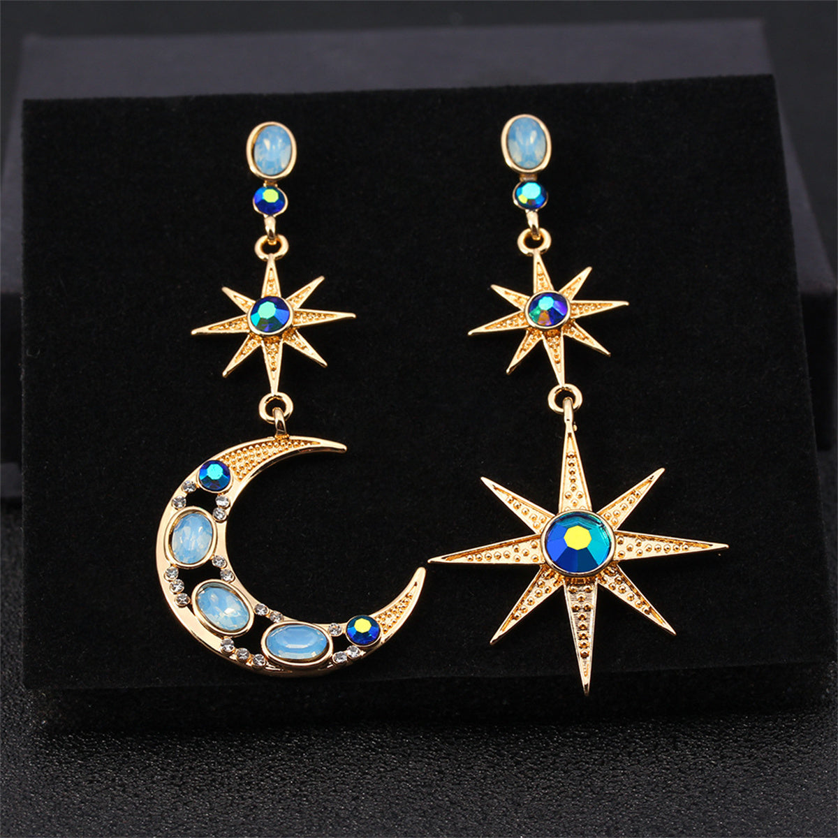 Celestial Moon & Star Drop Earrings Gold Moon Star with crystal and blue tonal colored stone Earrings for Women