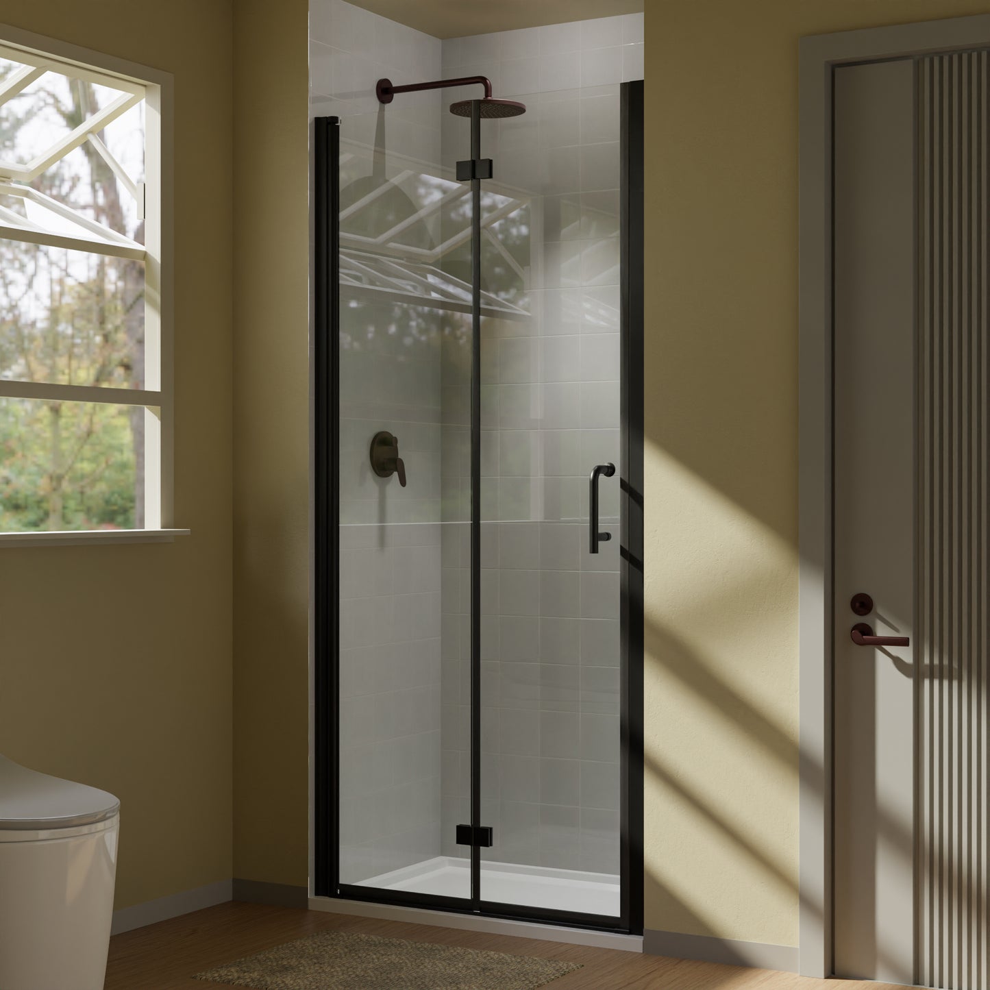 34" x 72" Pivot Glass Shower Door with Tempered Glass Swing Bathroom Shower Doors with Stainless Handle Frameless Hinged Shower Panel Matte Black