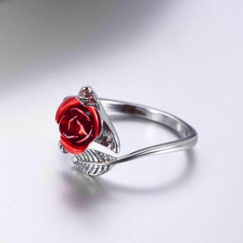 Rose Flower Leaves Opening Ring For Women Flowers Adjustable Finger Ring Valentine's Day Engagement Jewelry Gift