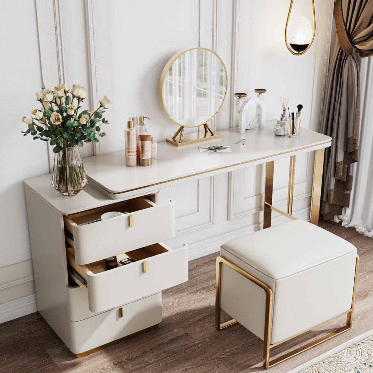 Modern Makeup Vanity;  Dressing Table Set with 4 Drawer;  PU Leather;  Side Cabinet;  Mirror & Stool;  White;  47''
