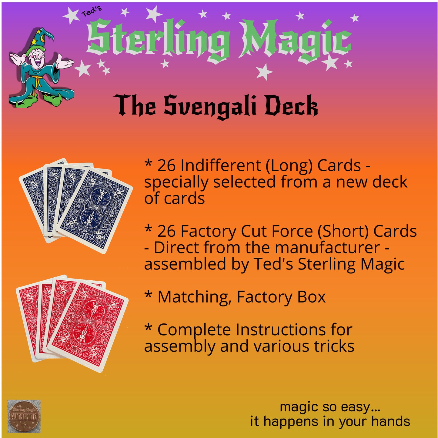 Ted's Sterling Magic Bicycle Factory Cut Svengali Deck; Choose your Force Card and Color