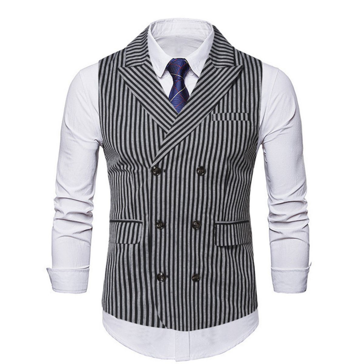 Mens Vertical Striped Waistcoat Peak Lapel Suit Vests for Formal Occasions Business Work Party Wedding Dance Dinner